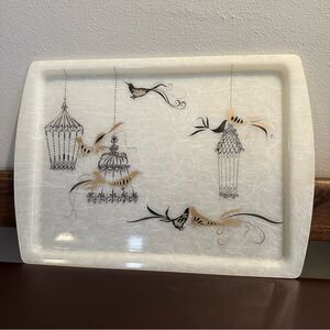 Vintage MCM Princess Plastics Serving Tray Black & Gold Bird & Birdcages